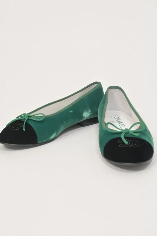 Green velvet and leather round-toe ballerinas featuring contrasting Coco Mark topstitched cap toes