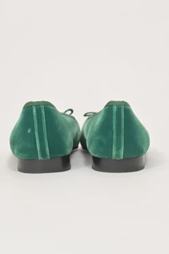 Green velvet and leather round-toe ballerinas featuring contrasting Coco Mark topstitched cap toes