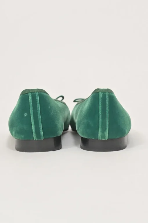 Green velvet and leather round-toe ballerinas featuring contrasting Coco Mark topstitched cap toes