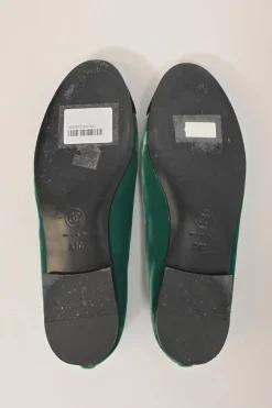 Green velvet and leather round-toe ballerinas featuring contrasting Coco Mark topstitched cap toes