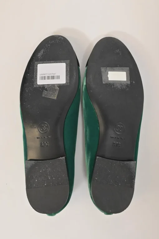 Green velvet and leather round-toe ballerinas featuring contrasting Coco Mark topstitched cap toes
