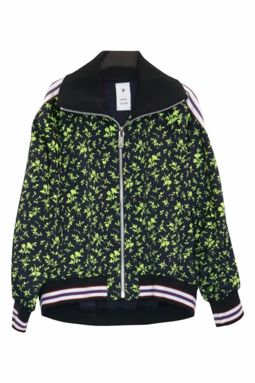 Green viscose-blend technical jersey floral print zip-up jacket and high-rise wide-leg pant tracksuit