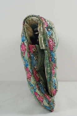 Green with gold lurex 'Crystal Cloqué' handbag with jewellery chain