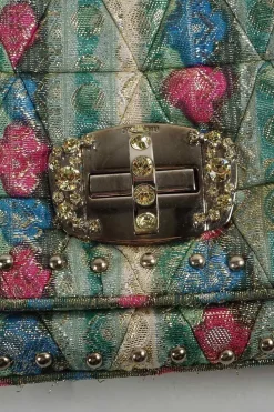 Green with gold lurex 'Crystal Cloqué' handbag with jewellery chain