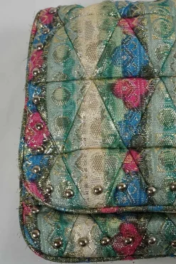 Green with gold lurex 'Crystal Cloqué' handbag with jewellery chain
