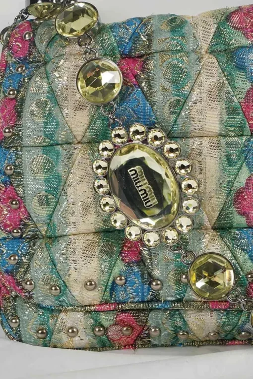 Green with gold lurex 'Crystal Cloqué' handbag with jewellery chain