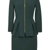 Green wool crêpe portrait zip-up peplum jacket and pencil skirt suit set