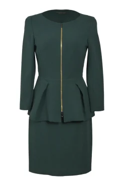 Green wool crêpe portrait zip-up peplum jacket and pencil skirt suit set
