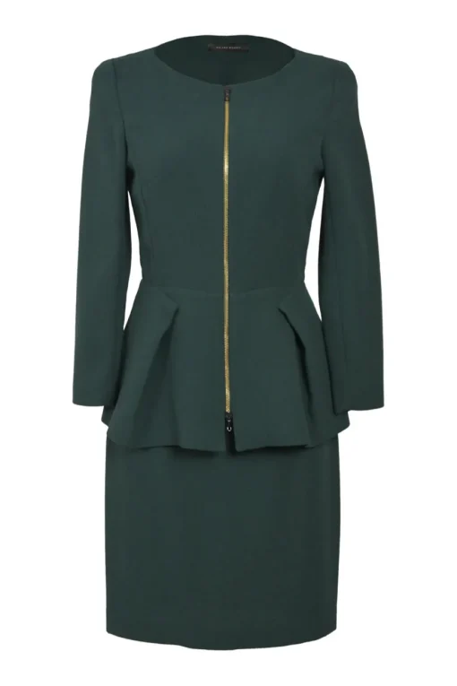 Green wool crêpe portrait zip-up peplum jacket and pencil skirt suit set
