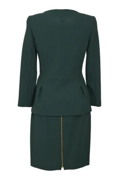 Green wool crêpe portrait zip-up peplum jacket and pencil skirt suit set