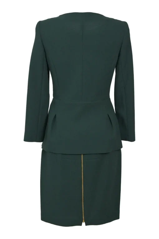 Green wool crêpe portrait zip-up peplum jacket and pencil skirt suit set
