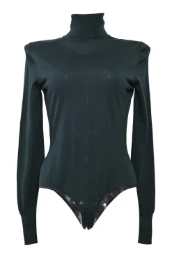 Green wool interlock jersey turtleneck long sleeve bodysuit