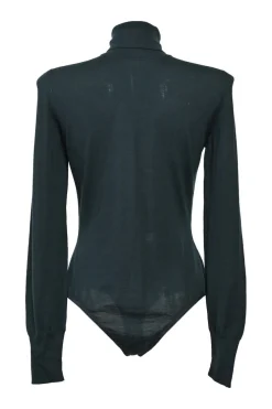 Green wool interlock jersey turtleneck long sleeve bodysuit