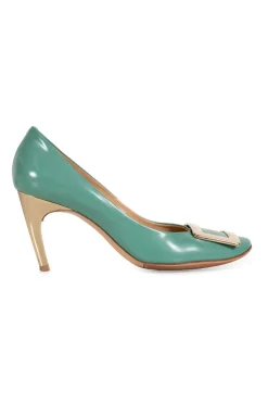 GREEN LEATHER TROMPETTE PUMPS