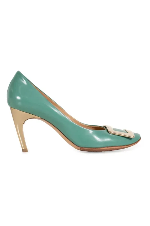 GREEN LEATHER TROMPETTE PUMPS