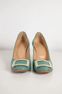 GREEN LEATHER TROMPETTE PUMPS