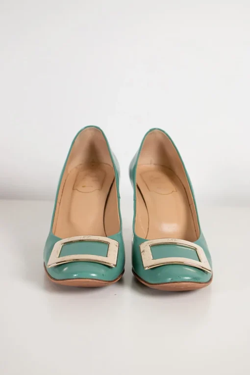GREEN LEATHER TROMPETTE PUMPS