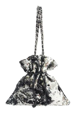 Grey and Black Sequined CC logo with Silver-tone Metal Tote Bag