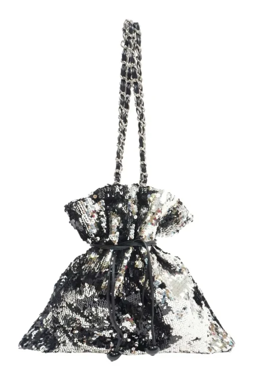 Grey and Black Sequined CC logo with Silver-tone Metal Tote Bag