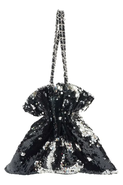 Grey and Black Sequined CC logo with Silver-tone Metal Tote Bag