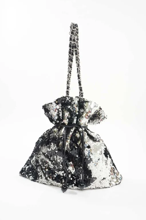 Grey and Black Sequined CC logo with Silver-tone Metal Tote Bag