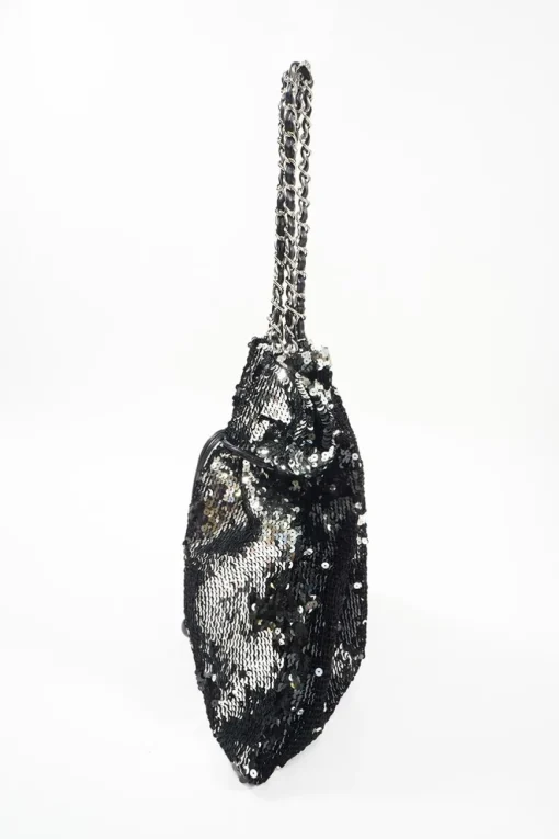 Grey and Black Sequined CC logo with Silver-tone Metal Tote Bag