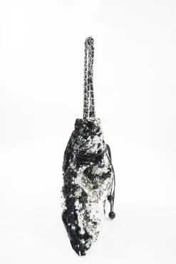 Grey and Black Sequined CC logo with Silver-tone Metal Tote Bag