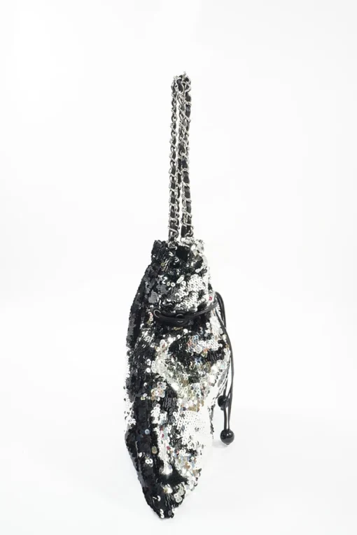 Grey and Black Sequined CC logo with Silver-tone Metal Tote Bag