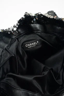 Grey and Black Sequined CC logo with Silver-tone Metal Tote Bag