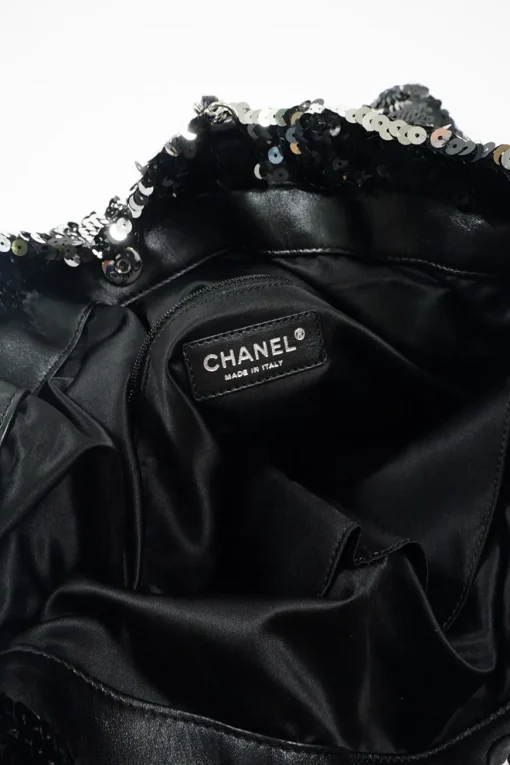 Grey and Black Sequined CC logo with Silver-tone Metal Tote Bag