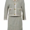 Grey and ecru bouclé tweed silk-blend bow-embellished stand collar jacket and skirt suit set