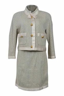 Grey and ecru bouclé tweed silk-blend bow-embellished stand collar jacket and skirt suit set