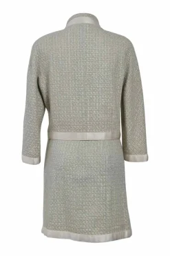 Grey and ecru bouclé tweed silk-blend bow-embellished stand collar jacket and skirt suit set