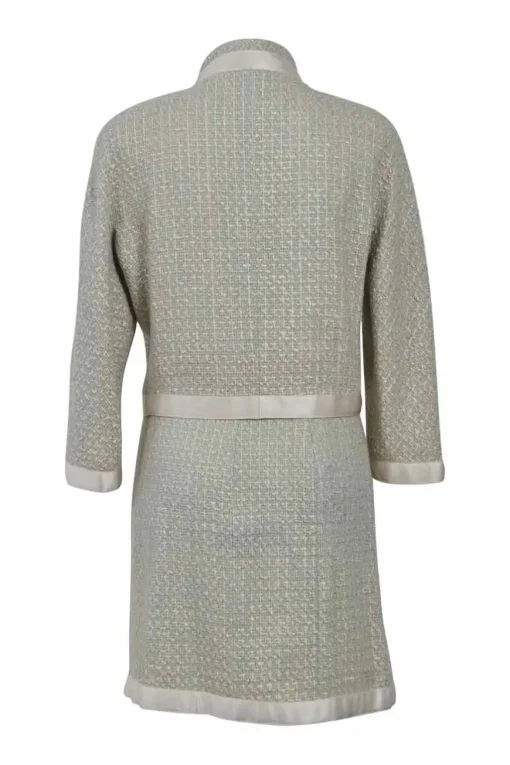 Grey and ecru bouclé tweed silk-blend bow-embellished stand collar jacket and skirt suit set