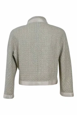 Grey and ecru bouclé tweed silk-blend bow-embellished stand collar jacket and skirt suit set