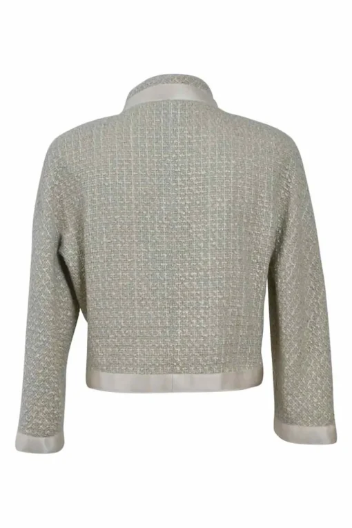 Grey and ecru bouclé tweed silk-blend bow-embellished stand collar jacket and skirt suit set
