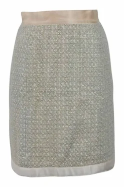 Grey and ecru bouclé tweed silk-blend bow-embellished stand collar jacket and skirt suit set