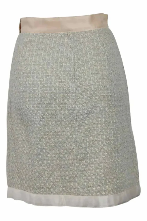 Grey and ecru bouclé tweed silk-blend bow-embellished stand collar jacket and skirt suit set