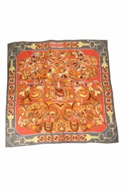 Grey and orange silk 'Folklore' 140 scarf featuring original artwork by Henri d'Origny
