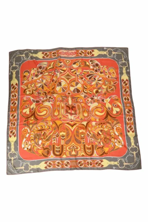 Grey and orange silk 'Folklore' 140 scarf featuring original artwork by Henri d'Origny