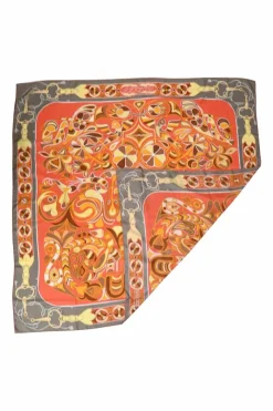 Grey and orange silk 'Folklore' 140 scarf featuring original artwork by Henri d'Origny