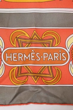 Grey and orange silk 'Folklore' 140 scarf featuring original artwork by Henri d'Origny