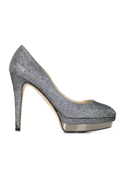 Grey and silver glittery leather platform high heel pumps with gunmetal platforms