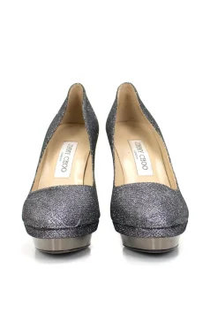 Grey and silver glittery leather platform high heel pumps with gunmetal platforms