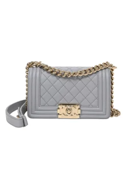 Grey calfskin leather Small Boy Flap Bag with light gold-finish hardware