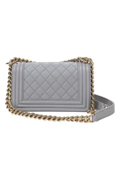 Grey calfskin leather Small Boy Flap Bag with light gold-finish hardware