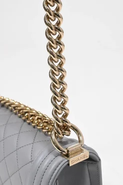 Grey calfskin leather Small Boy Flap Bag with light gold-finish hardware