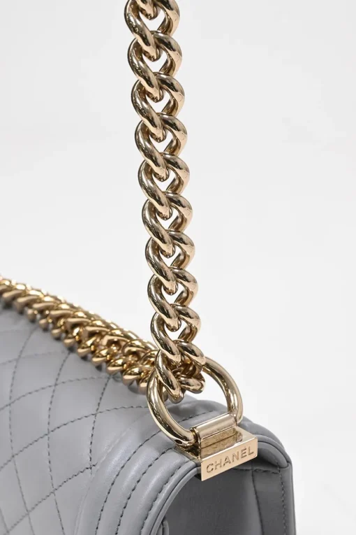 Grey calfskin leather Small Boy Flap Bag with light gold-finish hardware