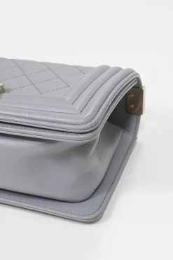 Grey calfskin leather Small Boy Flap Bag with light gold-finish hardware
