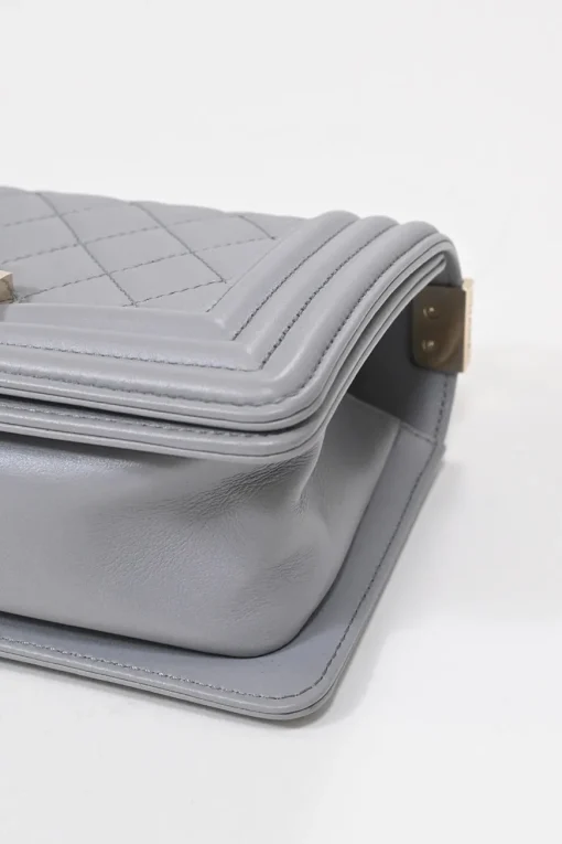 Grey calfskin leather Small Boy Flap Bag with light gold-finish hardware